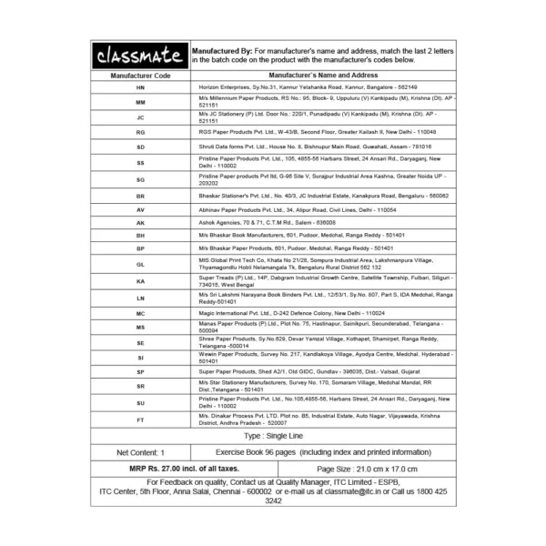 Classmate Notebook, 21.0 cm x 17.0 cm, 96 pages, Single Line, Hard Cover - Image 3